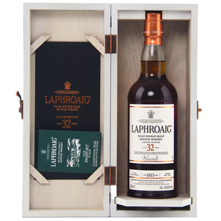 Laphroaig 32-year-old whisky bottle in a wooden box with a label