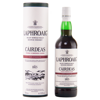 Laphroaig Cairdeas whisky bottle and packaging on a white background