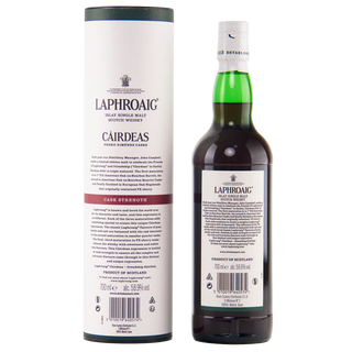 Laphroaig whisky bottle and packaging on a white background