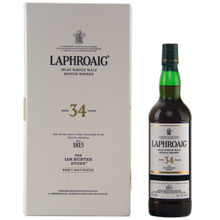 Laphroaig 34-year-old Islay single malt Scotch whisky bottle and packaging on a white background