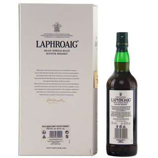 Laphroaig Islay Single Malt Scotch Whisky bottle and packaging on a white background