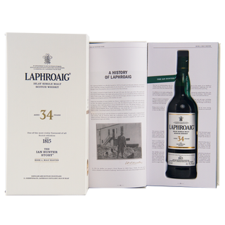Laphroaig 34-year-old whiskey bottle and packaging on a white background