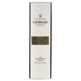 Laphroaig 34-year-old whisky box on a white background