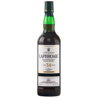 Laphroaig 34-year-old single malt Scotch whisky bottle on a white background