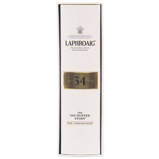 Laphroaig 34-year-old whiskey box on a white background