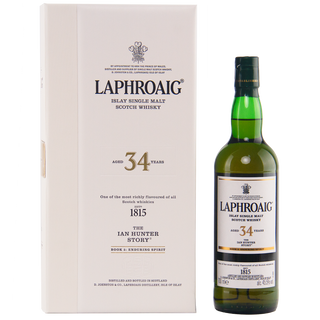 Laphroaig 34-year-old Islay Single Malt Scotch Whisky bottle and box on a white background