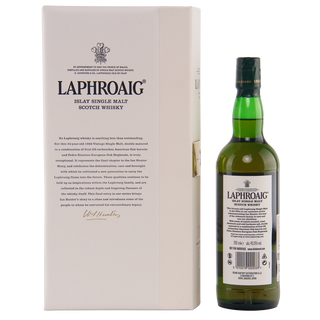 Laphroaig Islay Single Malt Scotch Whisky bottle and packaging on a white background