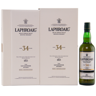 Laphroaig 34-year-old single malt Scotch whisky bottle and packaging on a white background