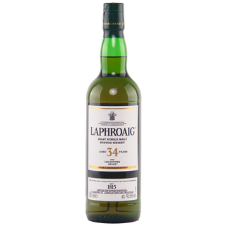 Laphroaig 34-year-old single malt Scotch whisky bottle on a white background