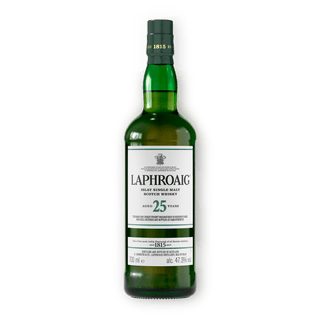 A green bottle of Laphroaig 25 Year Old Single Malt Scotch Whisky (51.9% abv) with a white label stands upright on a plain white background—an exquisite smoky whisky offering subtle vanilla sweetness.