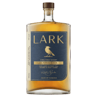 A rectangular bottle of Lark Classic Cask Tasmanian Single Malt Whisky with a blue and gold label featuring a bird illustration. Inside, the amber whisky offers notes of fruity malt and toffee apple.