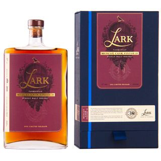A wide, cork-topped bottle of Lark Muscat Cask Finish II Single Malt Whisky displays a bird logo and suggests buttery raisin toast notes. The blue box features matching branding and a 30th anniversary emblem.