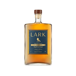 A bottle of Lark Classic Cask Single Malt Whisky on a plain white background. The bottle is made of clear glass, showing the amber-colored whisky inside.