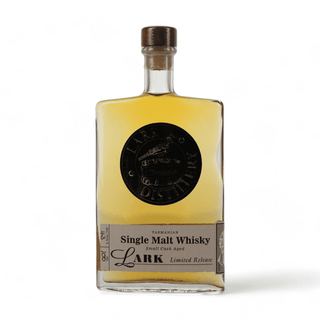 A bottle of Lark Distillery Single Malt Whisky, Small Cask Aged 6 Year, filled with golden amber liquid, featuring a black circular label and a beige lower label, on a white background.