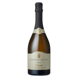 A bottle of Leeuwin Estate Brut sparkling wine on a plain white background. The bottle is made of dark brown glass with a cream-colored label and a black foil capsule at the neck.
