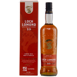 A bottle of Loch Lomond 10 Year Old Fruit & Vanilla Single Malt Scotch Whisky stands by its red and gold box with a stag logo, branding, and details. The amber whisky delivers citrus, vanilla, and subtle charred oak notes.