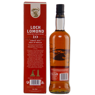 A bottle of Loch Lomond 10 Year Old Fruit & Vanilla Single Malt Scotch Whisky stands beside its red box, both marked with a stag logo and white text, suggesting vanilla and fruit notes from aging in charred oak.