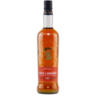 A bottle of Loch Lomond 10 Year Old Fruit & Vanilla Single Malt Scotch Whisky, featuring notes of fruit, vanilla, and subtle hints of charred oak.