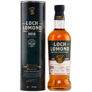 A bottle of Loch Lomond Inchmurrin 2010 Madeira Single Cask Single Malt Scotch Whisky stands beside its matching cylindrical box, both adorned with gold and green labels and a stag logo, hinting at marzipan, pear, and white peach notes.