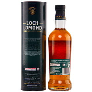 A bottle of Loch Lomond Inchmurrin 2010 Madeira Single Cask Single Malt Scotch Whisky stands next to its black packaging, both featuring elegant branding. The rich amber whisky offers enticing notes of marzipan, pear, and white peach on the palate.