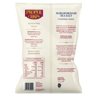 Back view of a packet of Proper Crisps with branding and product details.