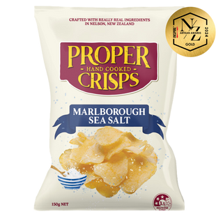 Bag of Proper Hand Cooked Crisps with Marlborough Sea Salt flavor on a white background