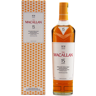 A bottle of The Macallan Colour Collection 15 Year Old Single Malt Scotch Whisky stands next to its patterned orange and white box, both featuring the brand’s label and details.