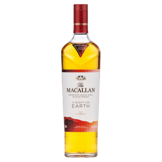 The Macallan A Night On Earth The Journey 2023 Edition features a red cap, gold accents, and a gradient label, with notes of vanilla and toasted oak.