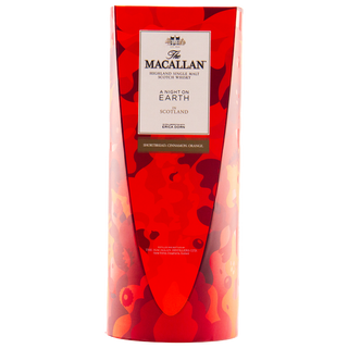 A red and orange box for The Macallan A Night on Earth Single Malt Scotch Whisky features artistic patterns and text describing sweet, vibrant cinnamon-orange flavors with notes of vanilla and hints of butterscotch.