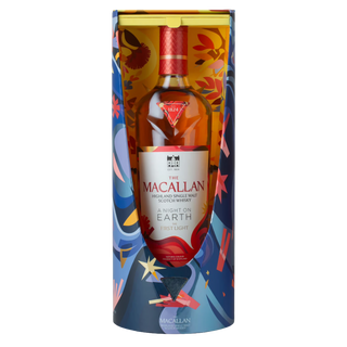 The Macallan A Night on Earth – The First Light 2025 Release Single Malt Scotch Whisky comes in a vibrant cylindrical box with abstract festive designs, featuring notes of toasted oak for a celebratory experience.