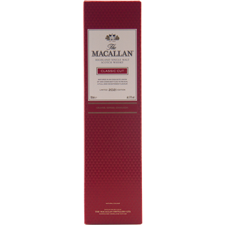 A tall red rectangular box of The Macallan Classic Cut 2021 Release Single Malt Scotch Whisky with gold and white text, a textured pattern, and notes of fresh vanilla and orange zest.