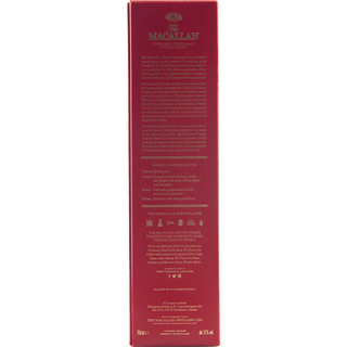 Red and gold packaging of The Macallan Classic Cut 2021 Release Single Malt Scotch Whisky, featuring detailed descriptions, tasting notes of fresh vanilla, and manufacturer info in white and gold text on the back.