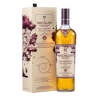 A bottle of The Macallan Harmony Collection Guardian Oak Single Malt Scotch Whisky stands beside its decorative box, both showcasing purple and cream designs with oak tree motifs—emphasizing rich oak and sweet spice notes.