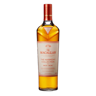 A bottle of The Macallan Harmony Collection Rich Cacao Single Malt Scotch Whisky, noted for rich dark chocolate flavors, with a gold label and copper cap shown against a plain white background.