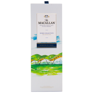 A white rectangular box of The Macallan Home Collection The Distillery Single Malt Scotch Whisky features an illustrated green landscape and yellow bridge, with butterscotch notes highlighted on the packaging's lower half.