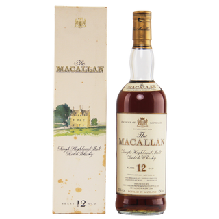 The Macallan 12-year-old whisky bottle and box on a white background