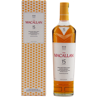 The Macallan 15-year-old whisky bottle and box on a white background