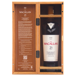 The Macallan 21-year-old whisky bottle in a wooden case with detailed text.