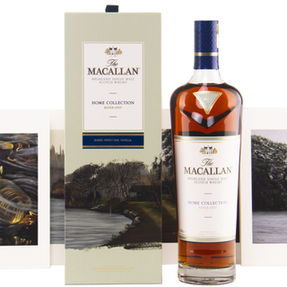 Macallan whisky bottle with packaging featuring scenic images