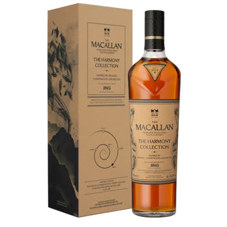 A bottle of The Macallan The Harmony Collection Jng single malt Scotch whisky next to its brown cardboard packaging box, shown on a plain white background.
