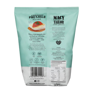 Macy and Tailor pressed pretzels packaging with text and images on a light green background