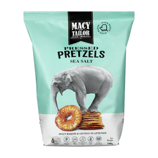 Macy & Tailor Pressed Pretzels Sea Salt packaging with an elephant illustration on a light blue background