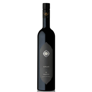 Black wine bottle with a visible label on a white background