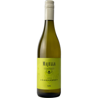 A bottle of Majella Chardonnay white wine with a bright yellow-green label and a cream-colored screw cap, shown against a plain white background.