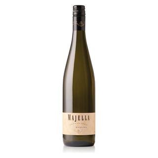 A bottle of Majella Non-Alcoholic Redling white wine, featuring a dark green glass bottle, a black screw cap, and a beige label with black text, set against a plain white background.