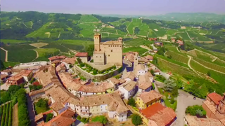 Aerial view of a medieval village with a castle surrounded by green hills and vineyards.