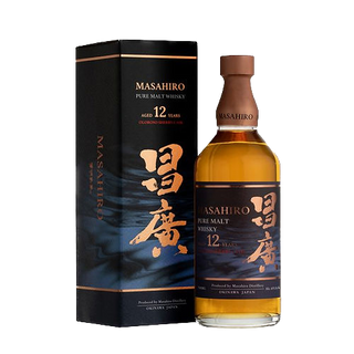 A bottle of Masahiro Pure Malt 12 Year Old Sherry Cask Japanese Whisky sits beside its stylish black and gold box, both featuring Japanese and English text, on a plain white background.