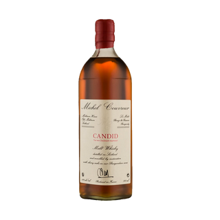 A bottle of Michel Couvreur Candid Malt French Whisky with a red wax seal and cream label displaying black and red text, set against a plain white background—renowned for its smoky whisky notes.