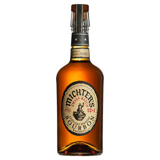 A bottle of Michter’s US*1 Kentucky Straight Bourbon Whiskey, featuring a caramel-brown liquid, tan and black label, and cork top, displayed against a plain white background.
