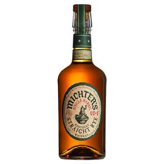 A bottle of Michter’s US*1 Kentucky Straight Rye Whiskey with a green and cream label and cork stopper, set against a plain white background—renowned for its signature rye spice and smooth vanilla notes.